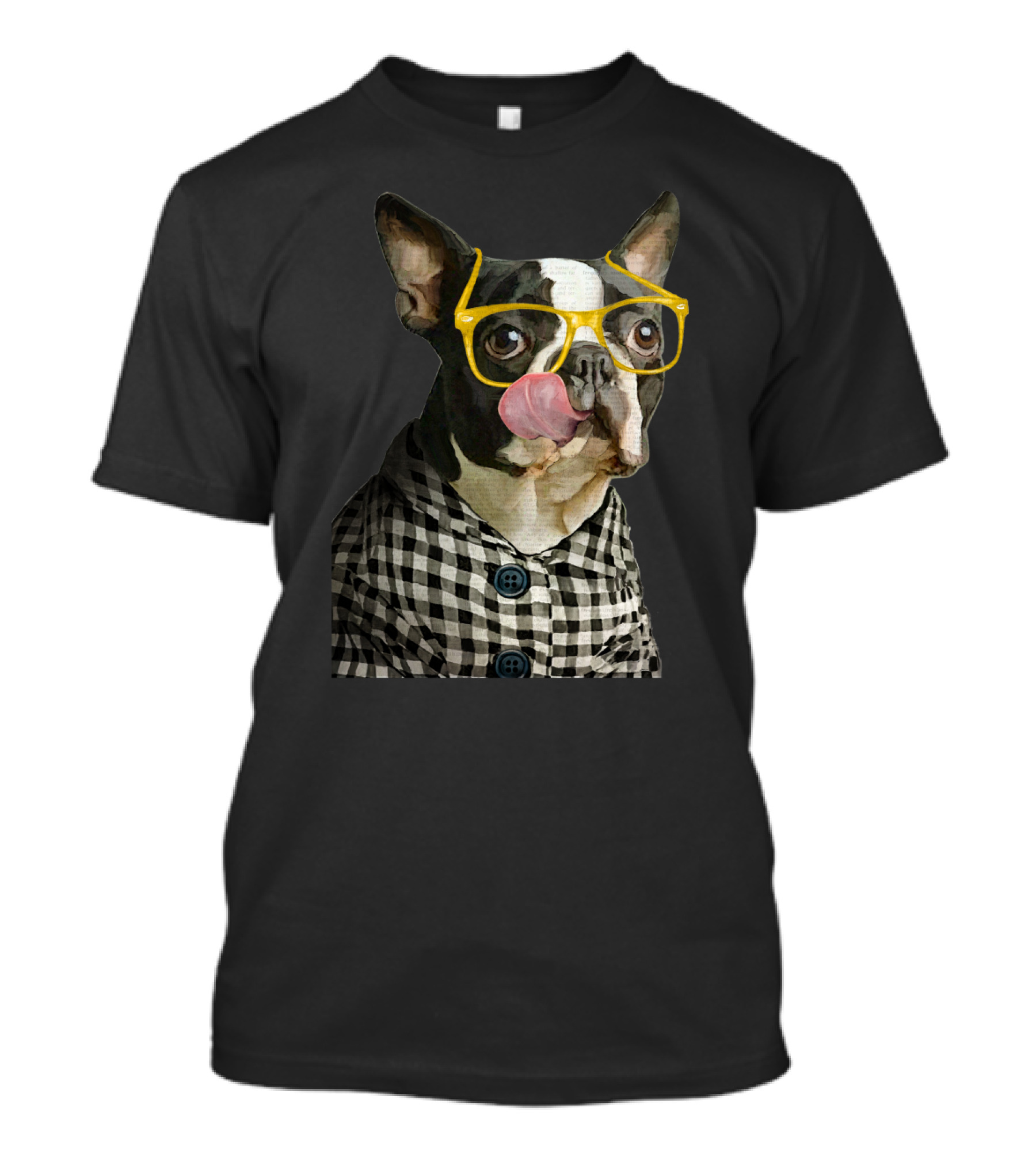 Bullgeek French Bulldog With Yellow Glasses Licking Nose In Black And White Checkered Jacket T-Shirt