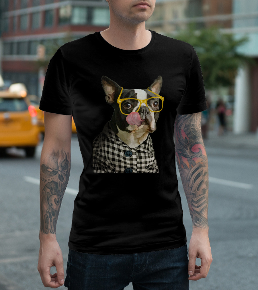Bullgeek French Bulldog With Yellow Glasses Licking Nose In Black And White Checkered Jacket T-Shirt