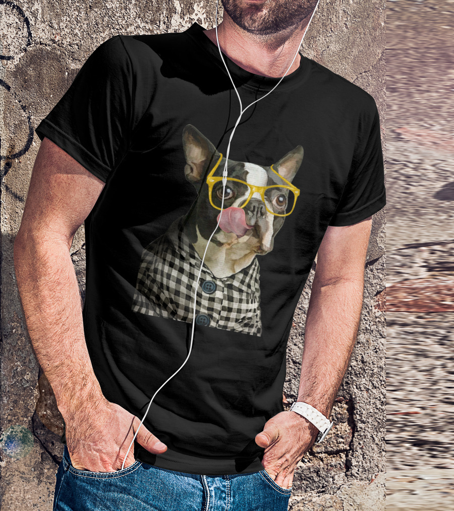 Bullgeek French Bulldog With Yellow Glasses Licking Nose In Black And White Checkered Jacket T-Shirt