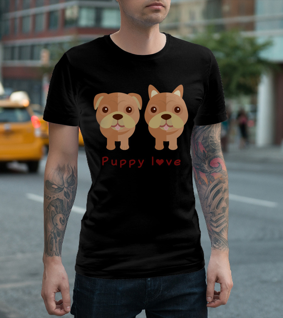 Puppy Love Cute Bulldog Pair With Heart Typography T-Shirt