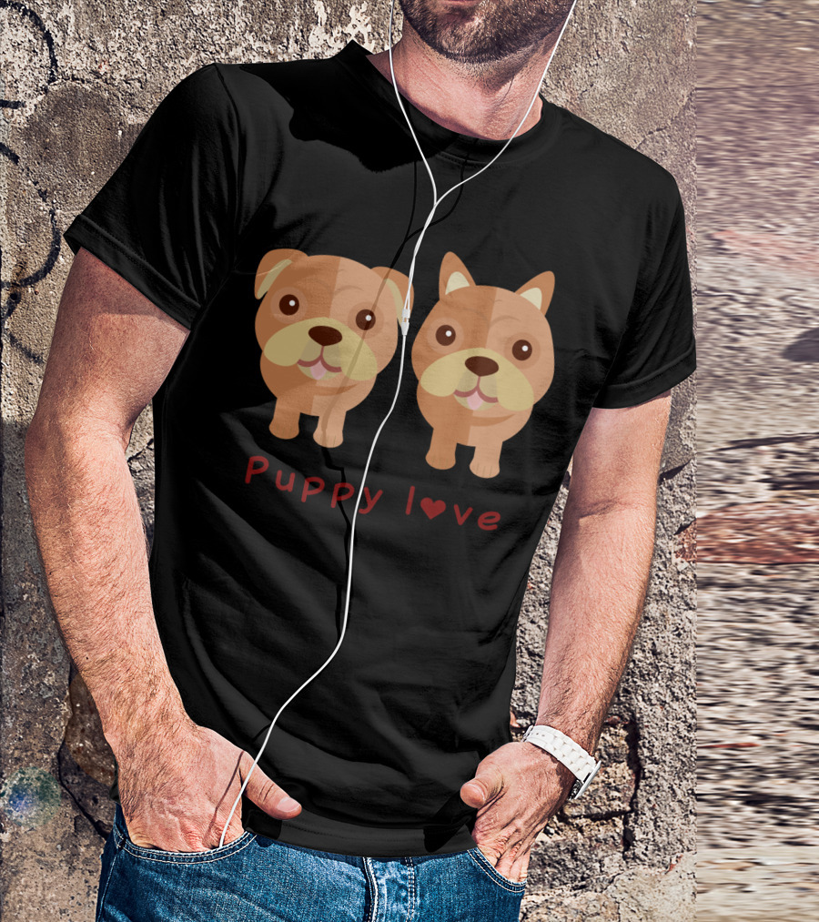 Puppy Love Cute Bulldog Pair With Heart Typography T-Shirt