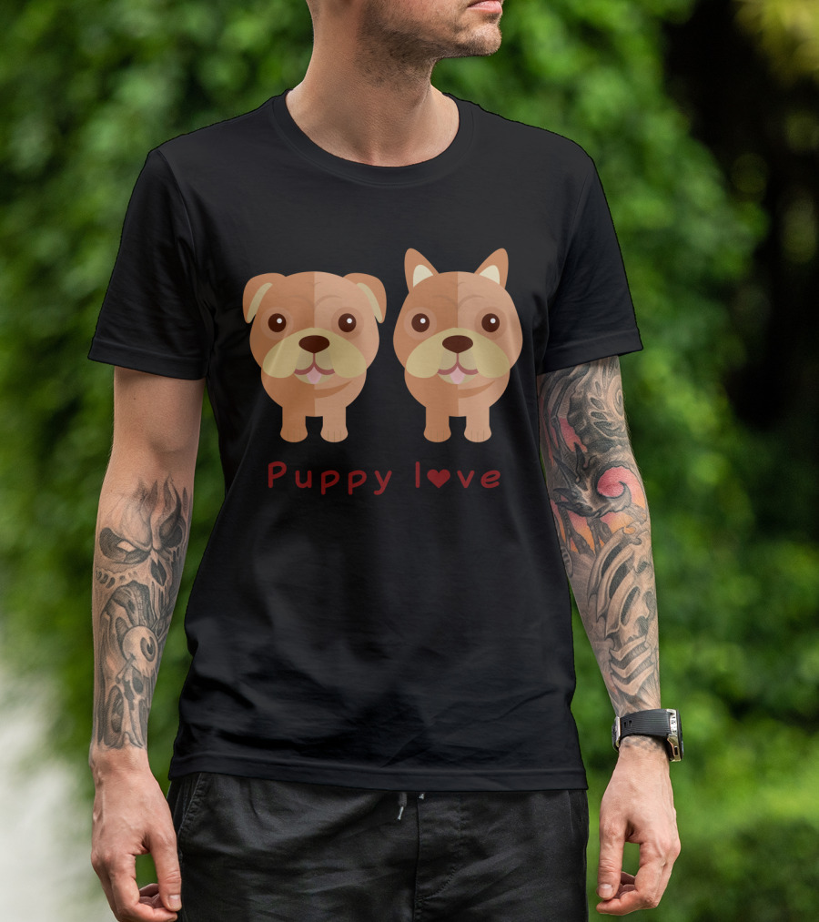 Puppy Love Cute Bulldog Pair With Heart Typography T-Shirt