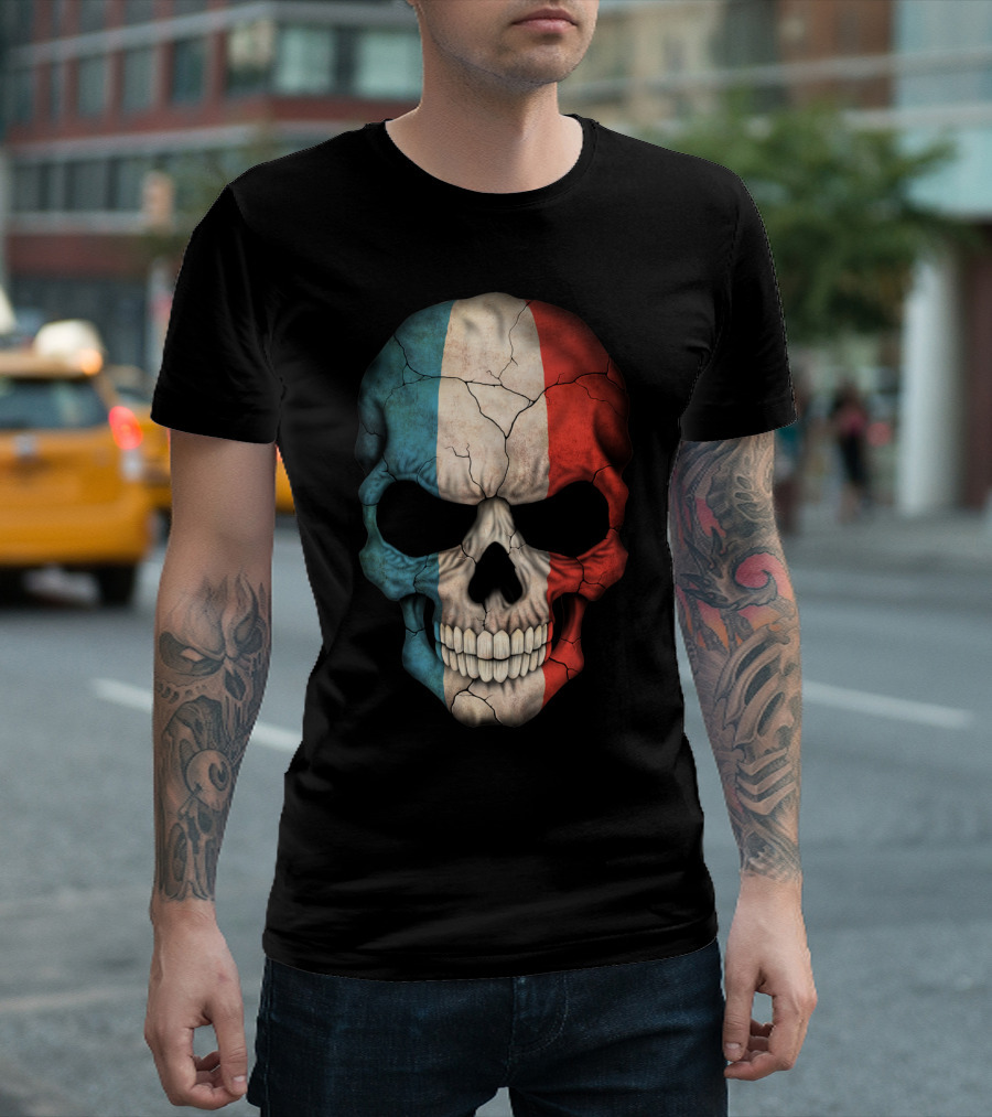 French Flag Skull Tricolor Crackled T-Shirt
