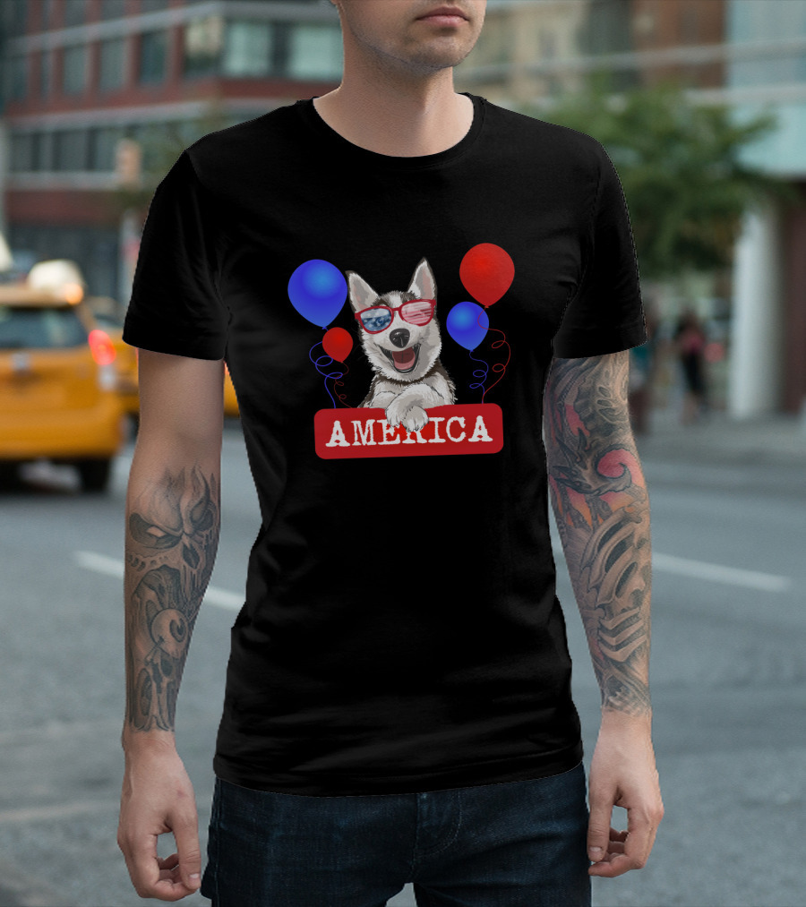Patriotic Husky with Sunglasses and Balloons Celebrating America 4th of July T-Shirt