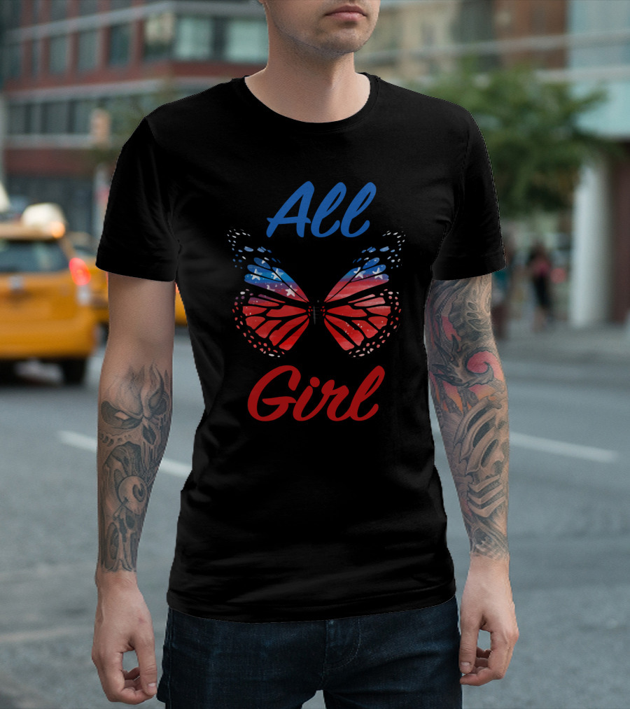 All Girl Vibrant Red White and Blue Butterfly T-Shirt