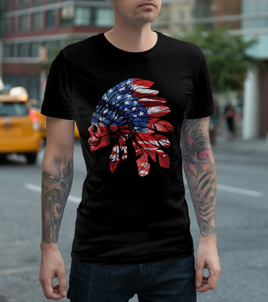 American Flag Skull with Patriotic Headdress T-Shirt