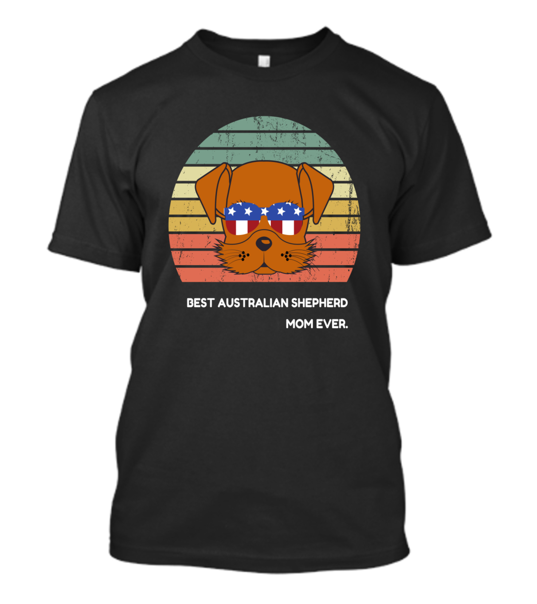 Retro Sunset Australian Shepherd Dog With Star-Spangled Sunglasses - Best Australian Shepherd Mom Ever T-Shirt