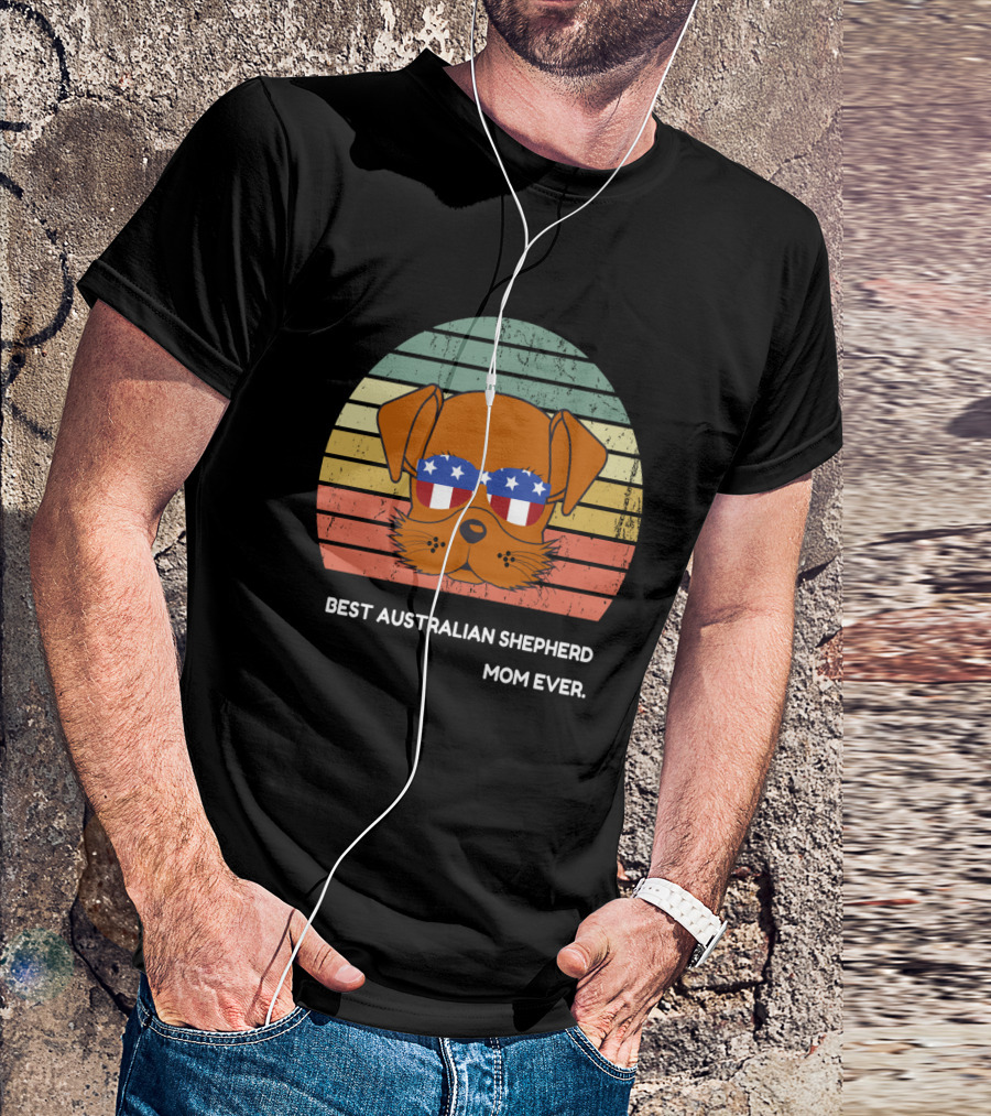 Retro Sunset Australian Shepherd Dog With Star-Spangled Sunglasses - Best Australian Shepherd Mom Ever T-Shirt