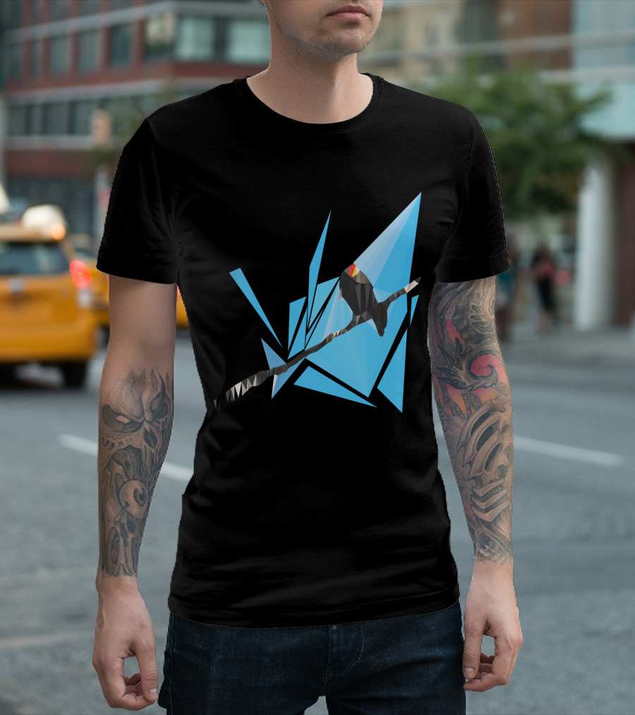 Geometric Bird On Wire With Abstract Blue Triangles T-Shirt