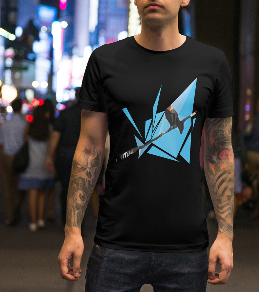 Geometric Bird On Wire With Abstract Blue Triangles T-Shirt