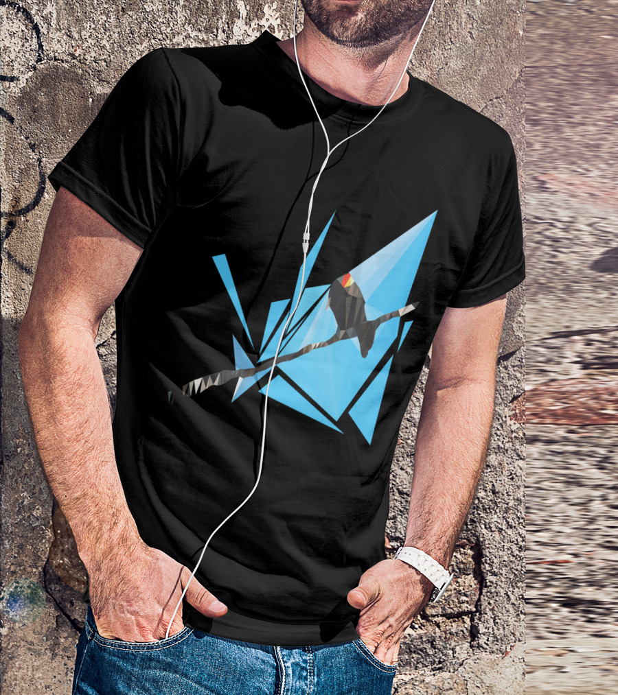 Geometric Bird On Wire With Abstract Blue Triangles T-Shirt