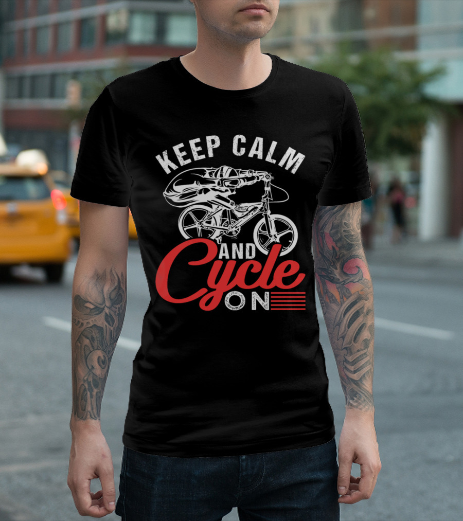 Keep Calm And Cycle On Racer Illustration With Bicycle T-Shirt