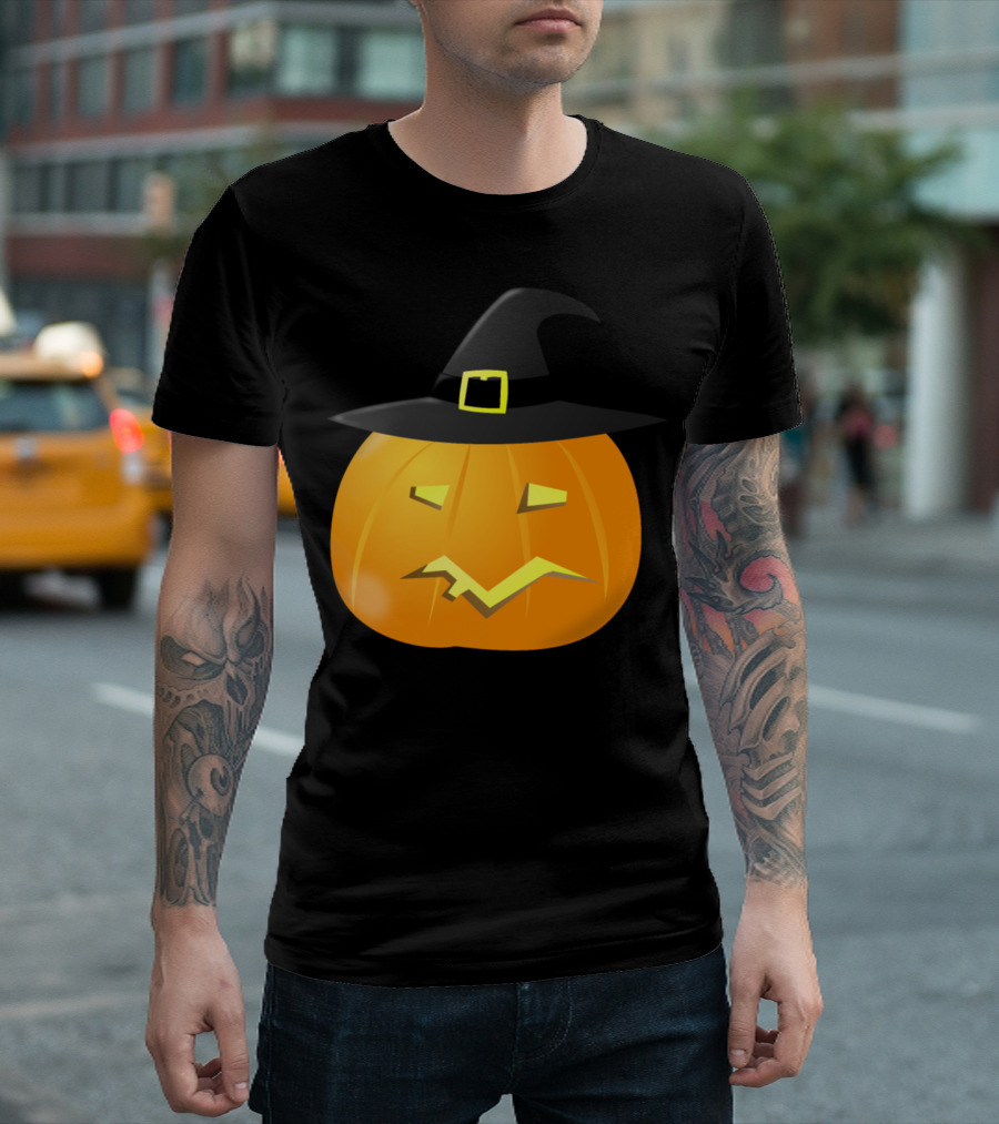 Witch Pumpkin with Black Hat Halloween Jack-O'-Lantern T-Shirt