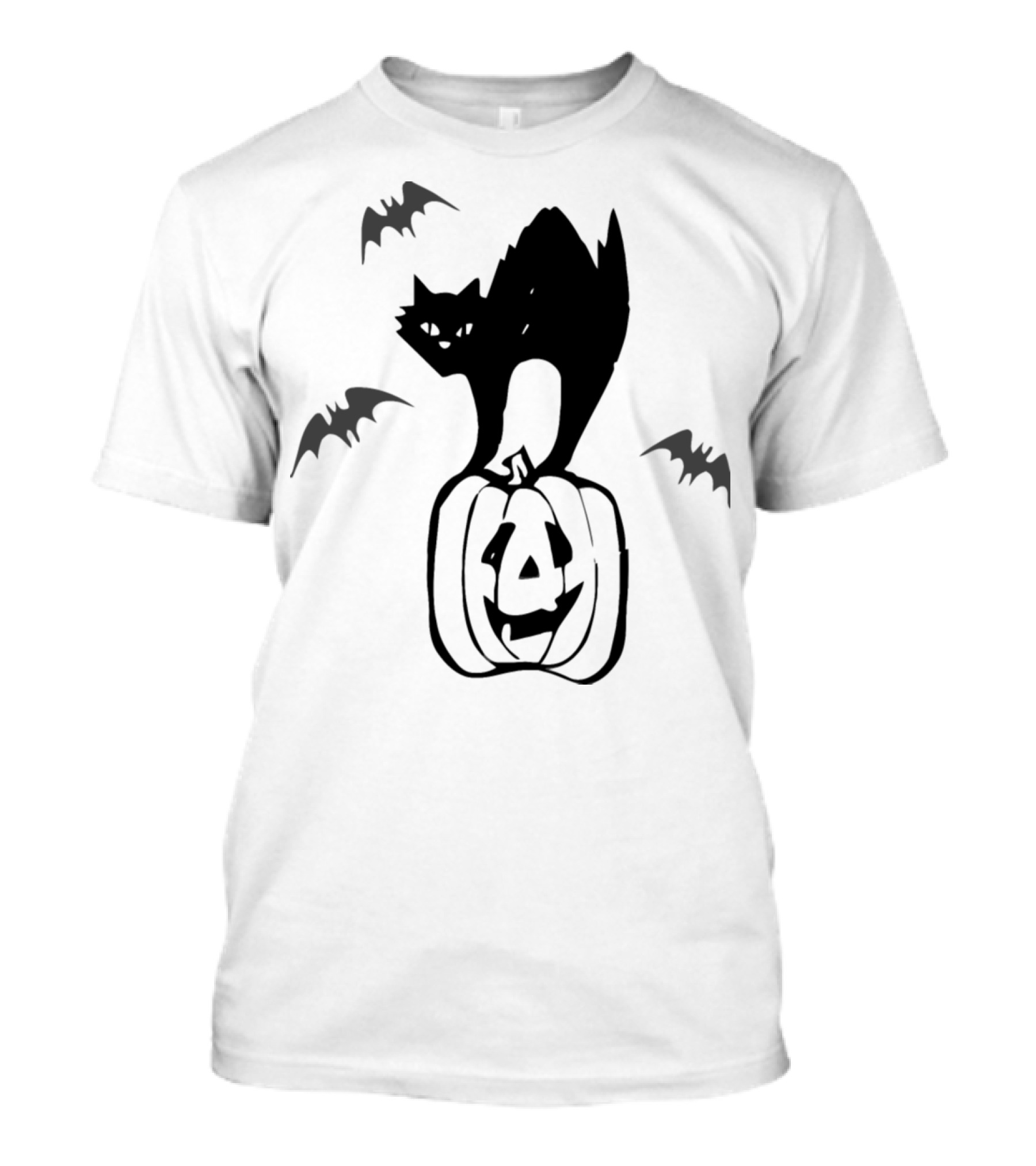 Black Cat On Halloween Pumpkin With Bats In Dark T-Shirt