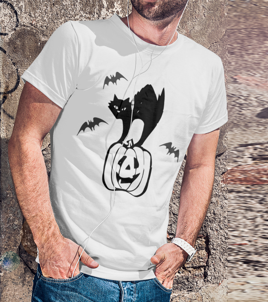 Black Cat On Halloween Pumpkin With Bats In Dark T-Shirt