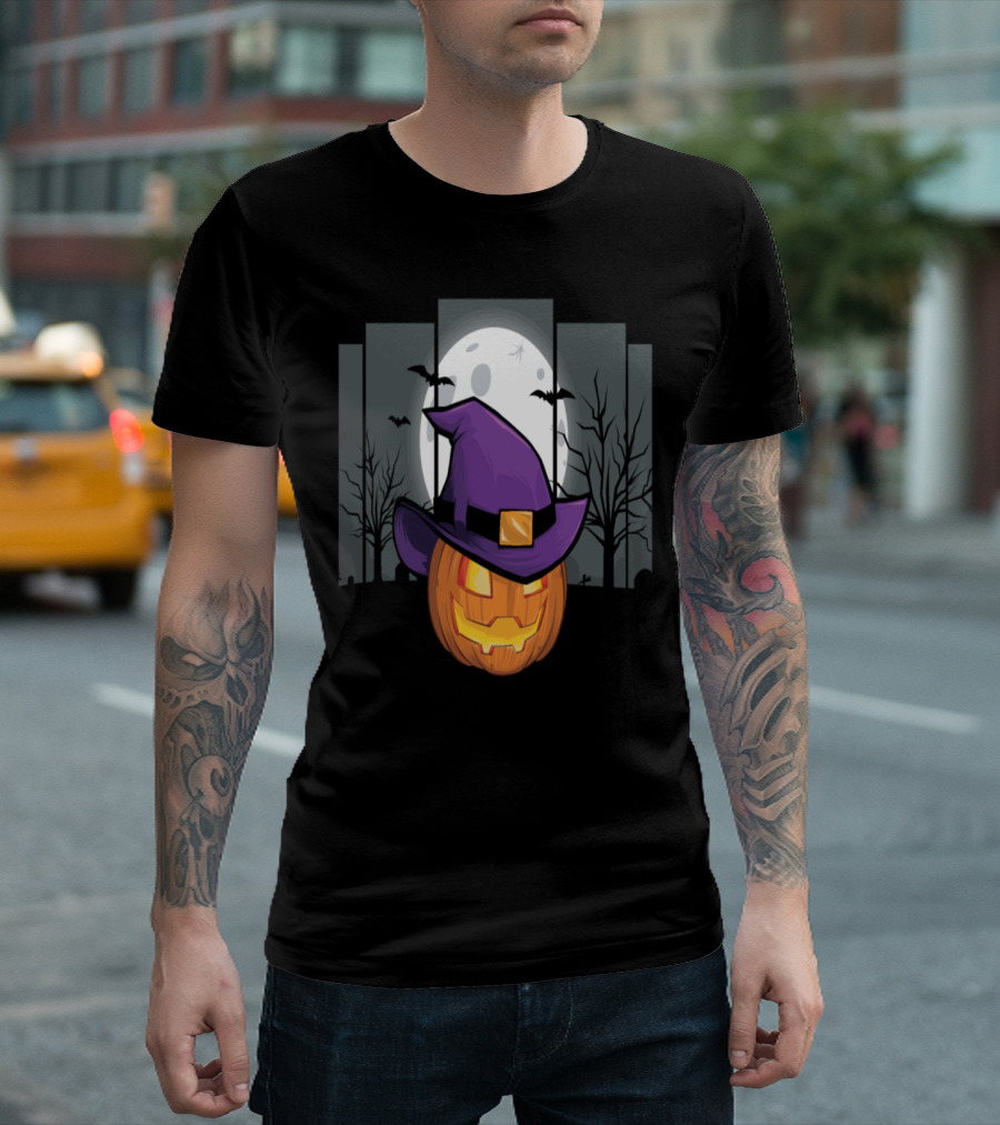 Halloween Pumpkin with Purple Witch Hat and Full Moon Background T-Shirt