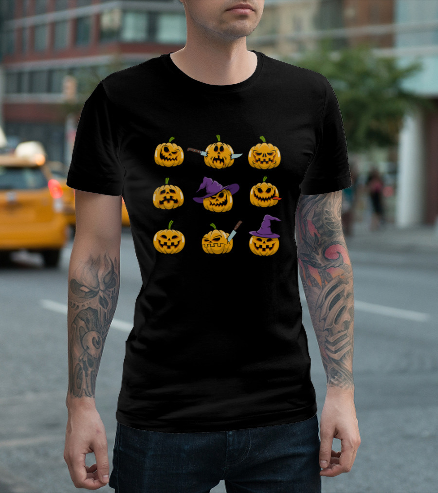 Halloween Jack O Lantern Pumpkin Scary Face Knife Witch Hat Creepy Expressions T-Shirt