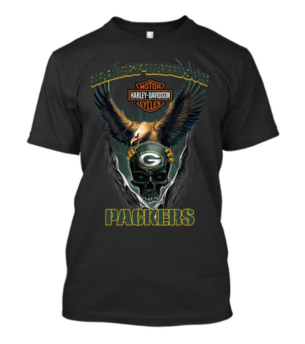 Harley Davidson Motor Cycles Packers Eagle Skulls Green Bay T-Shirt
