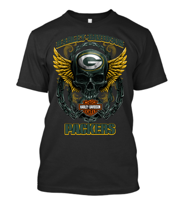 Harley Davidson Motorcycles Green Bay Packers Skull And Wings T-Shirt