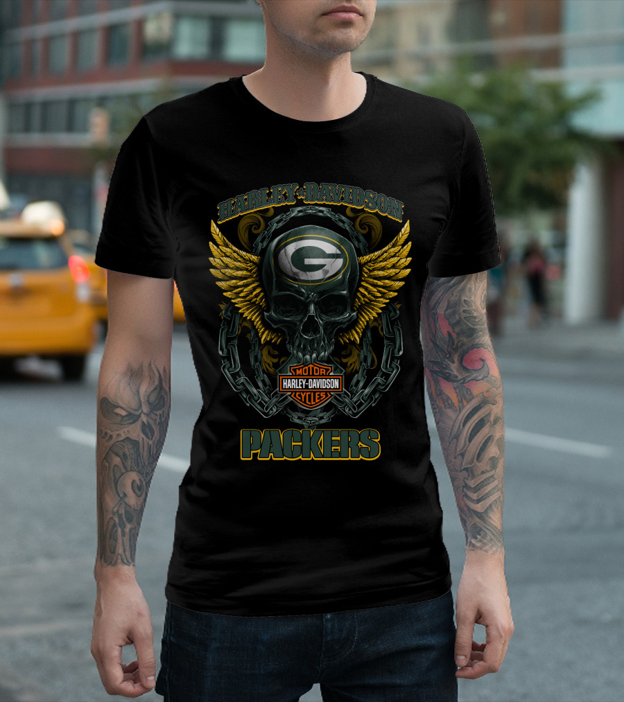 Harley Davidson Motorcycles Green Bay Packers Skull And Wings T-Shirt