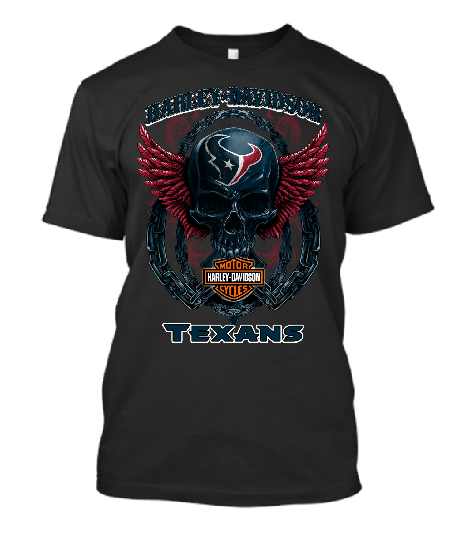 Harley Davidson Motor Cycles Texans Houston Logo Skull With Red Wings T-Shirt
