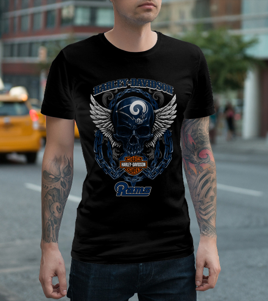 Harley Davidson Los Angeles Rams Skull Wings Motorcycles T-Shirt