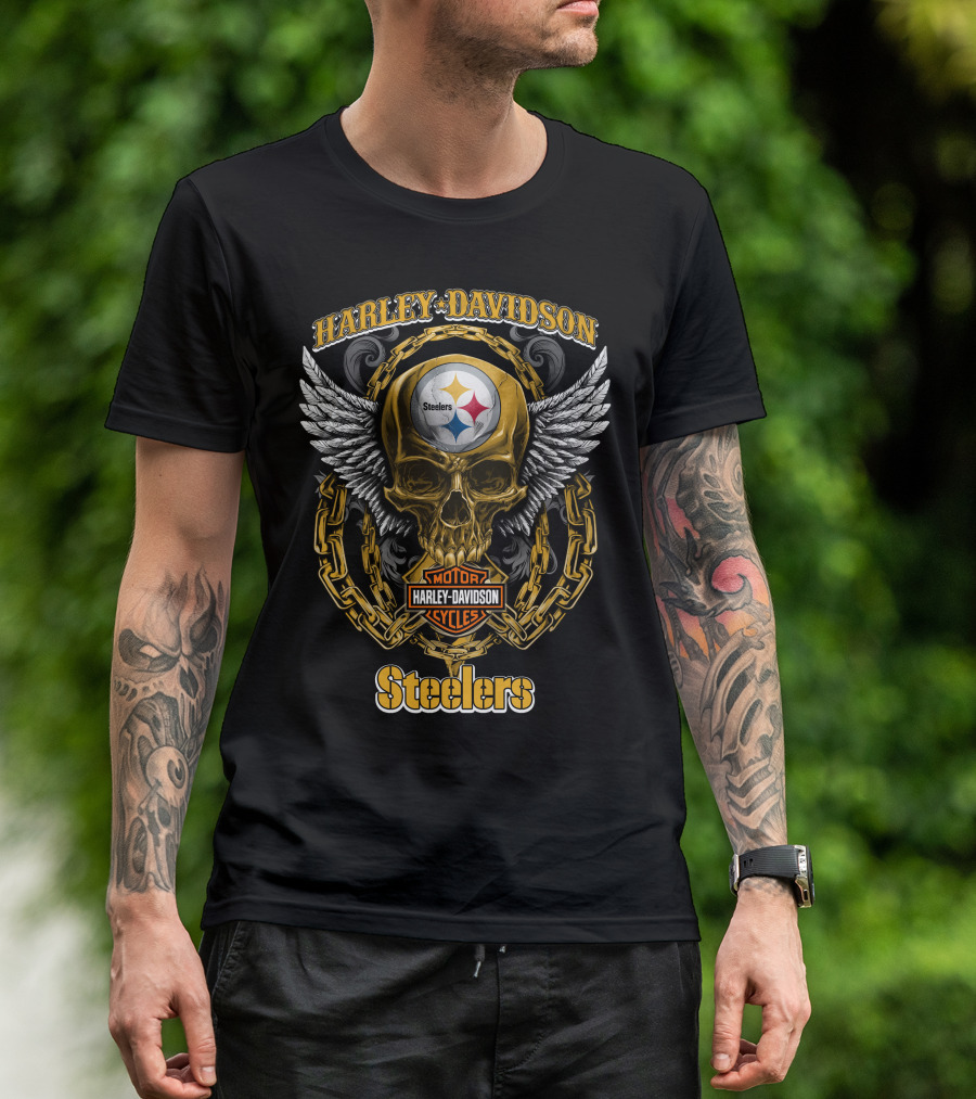 Harley Davidson Motor Cycles Steelers Skull Winged Chain T-Shirt
