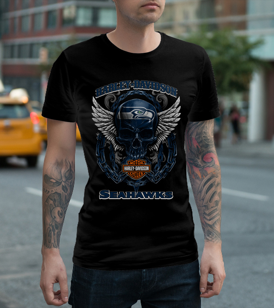 Harley Davidson Motorcycles Seattle Seahawks Skull Wings T-Shirt