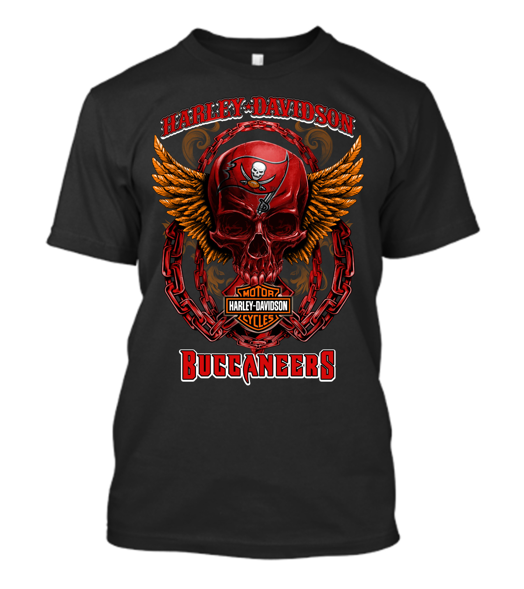Harley Davidson Motorcycles Buccaneers Skull Logo Wings Chains T-Shirt