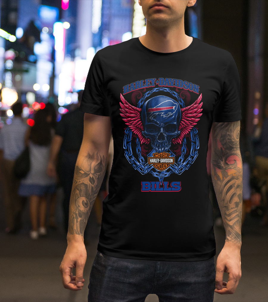 Harley Davidson Buffalo Bills Motor Cycles Skull Wings T-Shirt