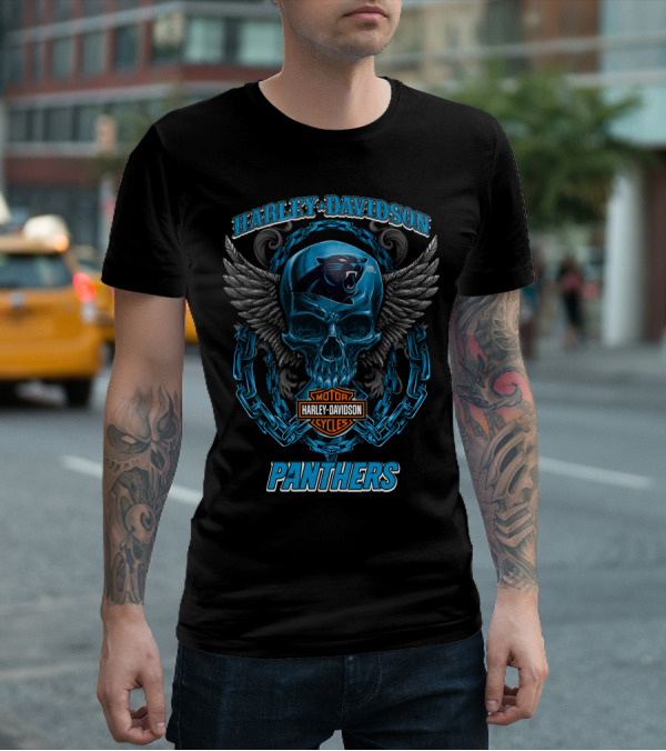 Harley Davidson Carolina Panthers Motorcycles Skull And Wings T-Shirt