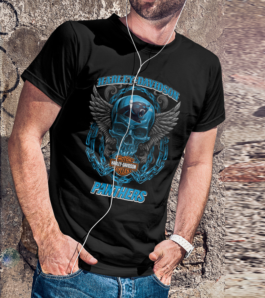 Harley Davidson Carolina Panthers Motorcycles Skull And Wings T-Shirt