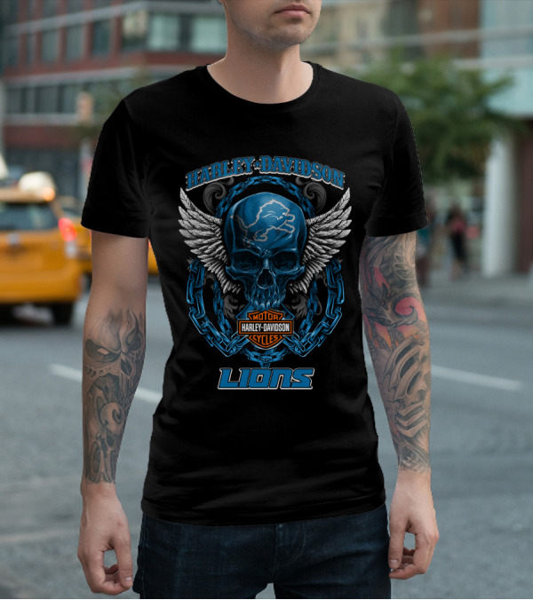 Harley Davidson Motor Cycles Detroit Lions Skull And Wings T-Shirt