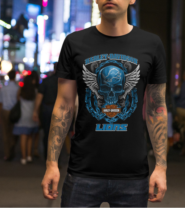 Harley Davidson Motor Cycles Detroit Lions Skull And Wings T-Shirt