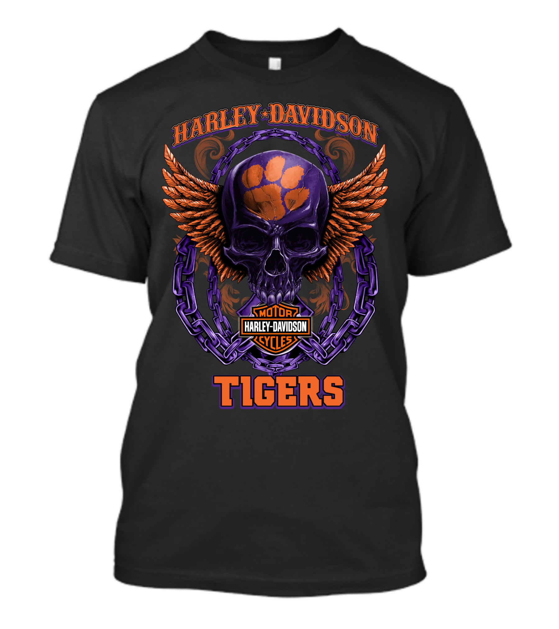 Harley Davidson Tigers Skull With Clemson Paw Logo And Wings T-Shirt