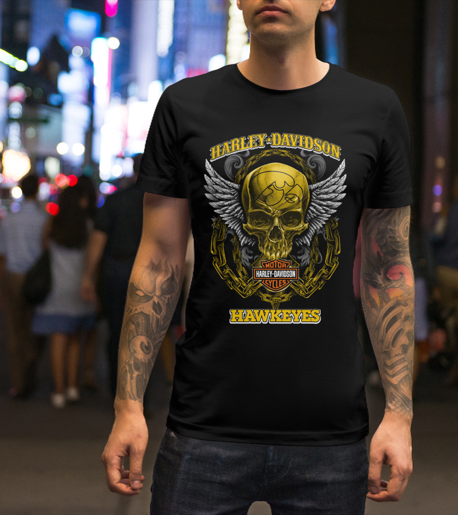 Harley Davidson Motor Cycles Skull Hawkeyes Iowa T-Shirt