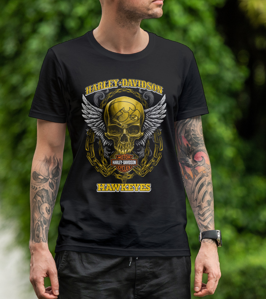 Harley Davidson Motor Cycles Skull Hawkeyes Iowa T-Shirt