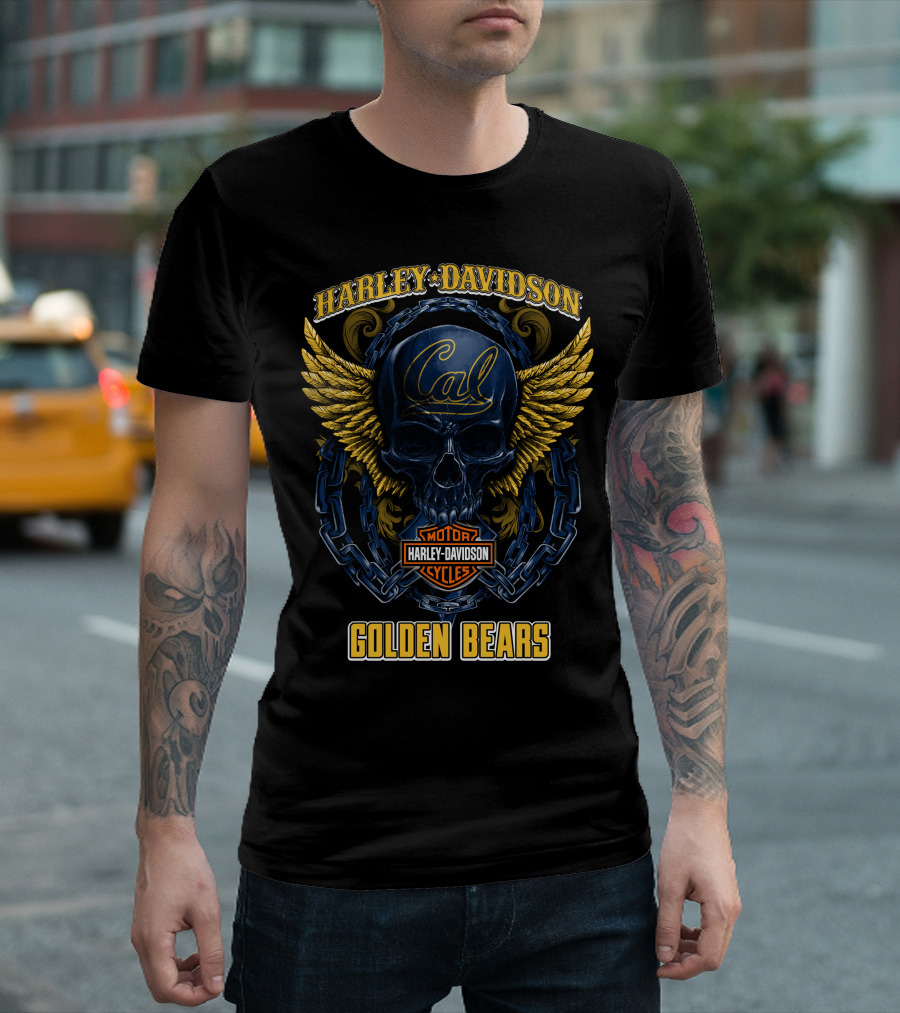 Harley Davidson Cal Golden Bears Skull With Wings And Chains T-Shirt