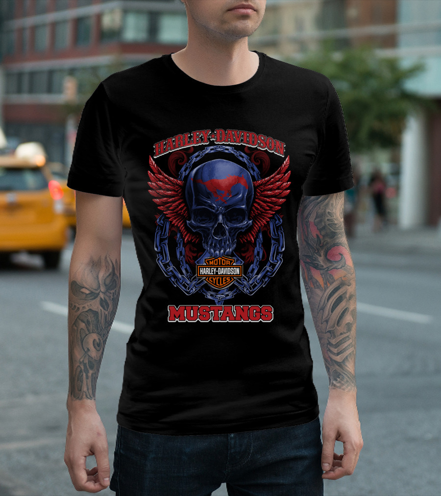 Harley Davidson Motor Cycles Mustangs Skull Wings Chains T-Shirt