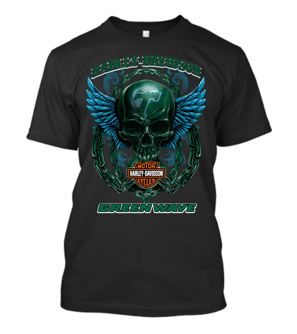 Harley Davidson Motor Cycles Green Wave Skull With Wings And Chains T-Shirt