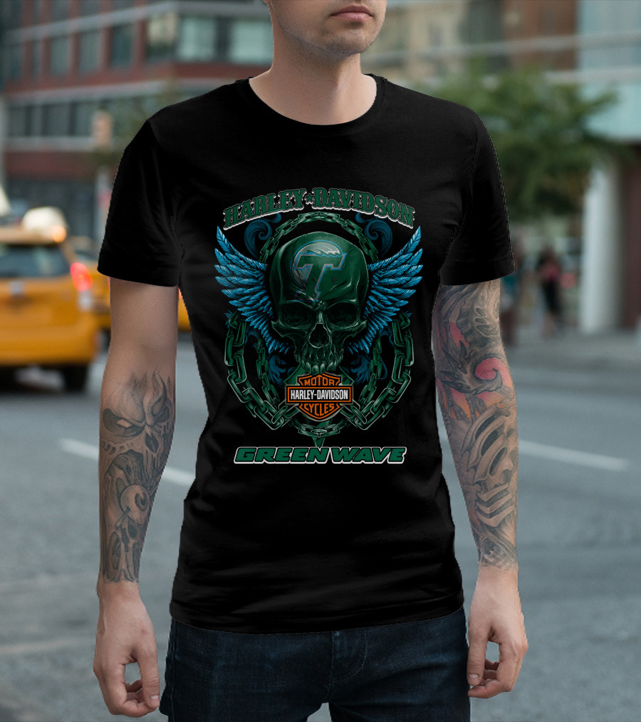 Harley Davidson Motor Cycles Green Wave Skull With Wings And Chains T-Shirt