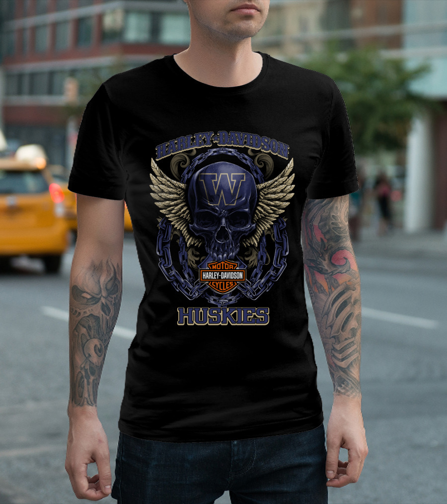 Harley Davidson Motor Cycles Washington Huskies Skull Wings Chain T-Shirt