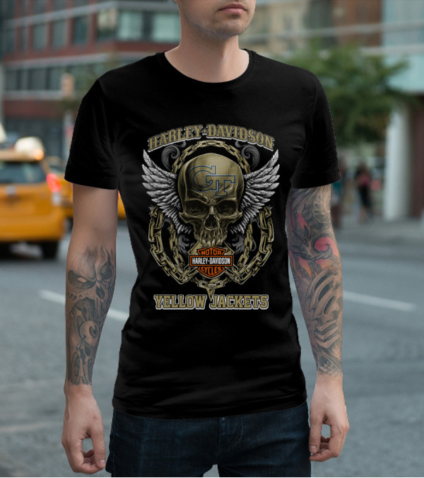 Harley Davidson Georgia Tech Gt Yellow Jackets Skull Wings Chains T-Shirt