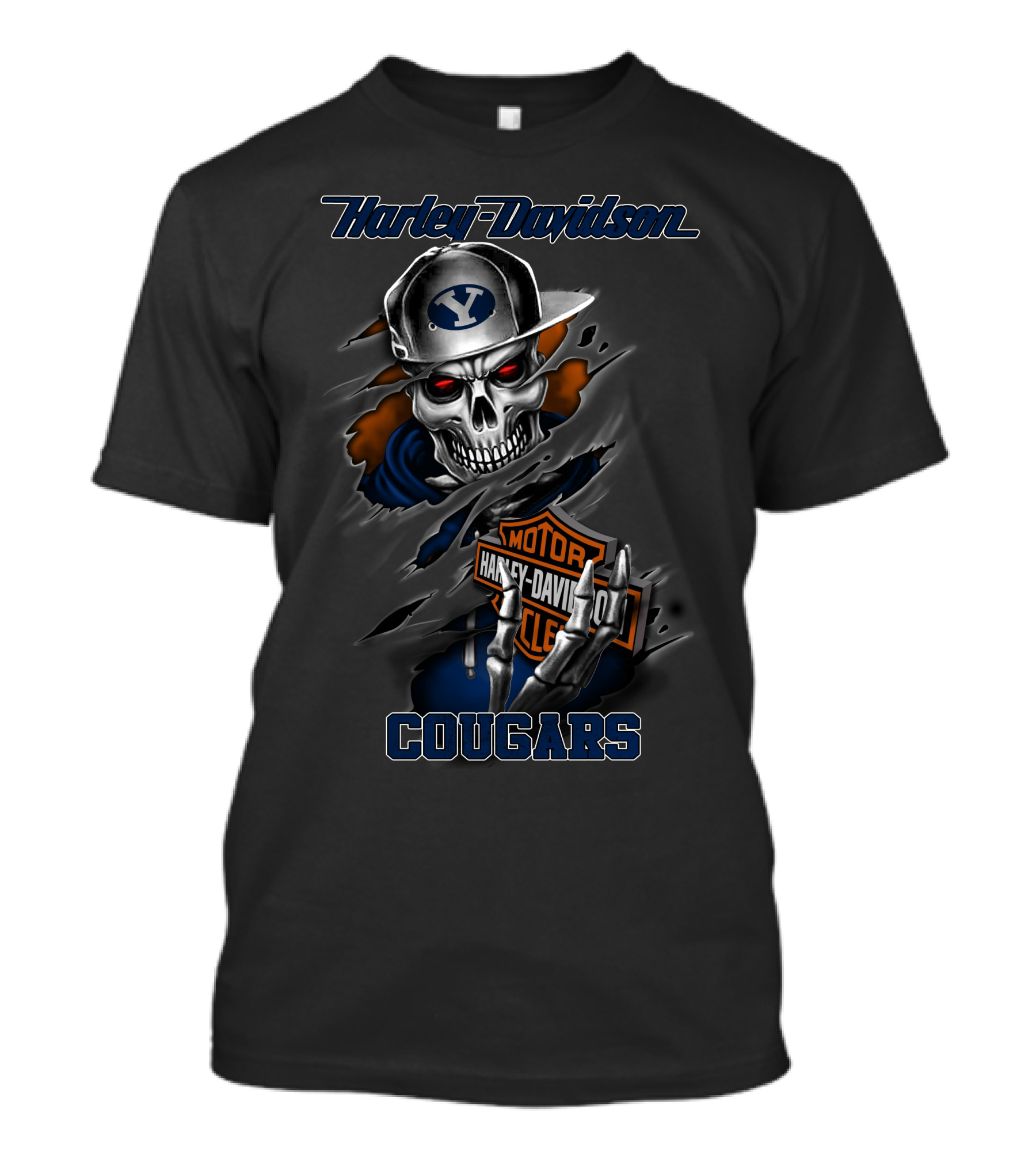 Harley Davidson Byu Cougars Skeleton With Motorcycle Logo And Cap T-Shirt