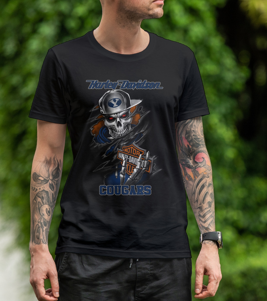 Harley Davidson Byu Cougars Skeleton With Motorcycle Logo And Cap T-Shirt