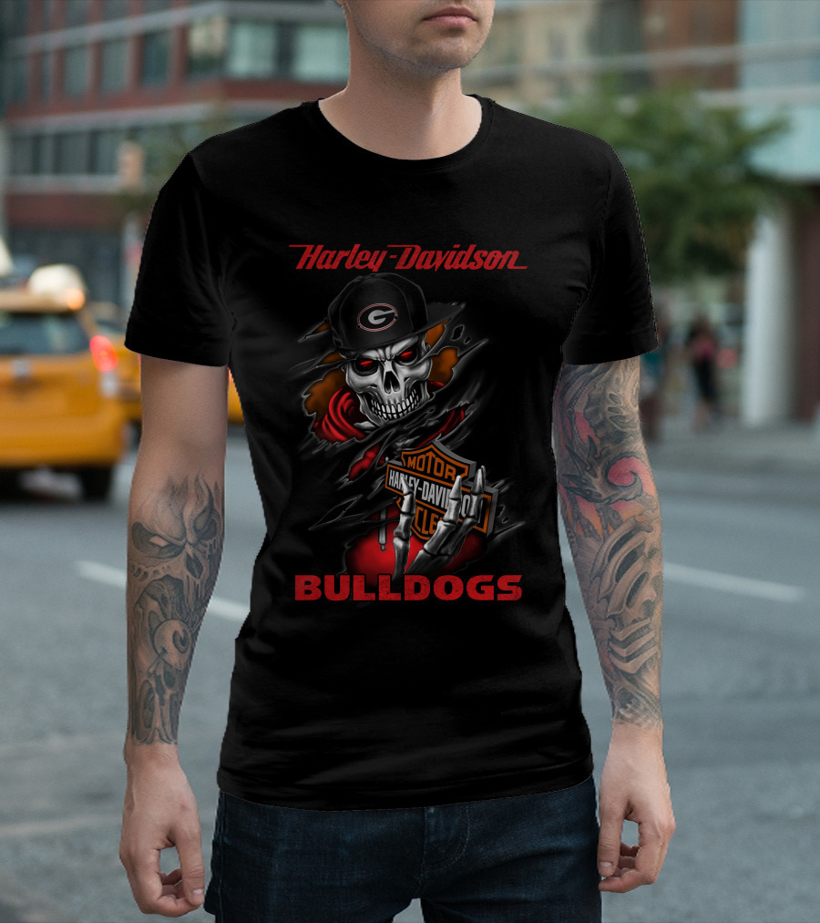 Harley Davidson Georgia Bulldogs Skull With Cap T-Shirt