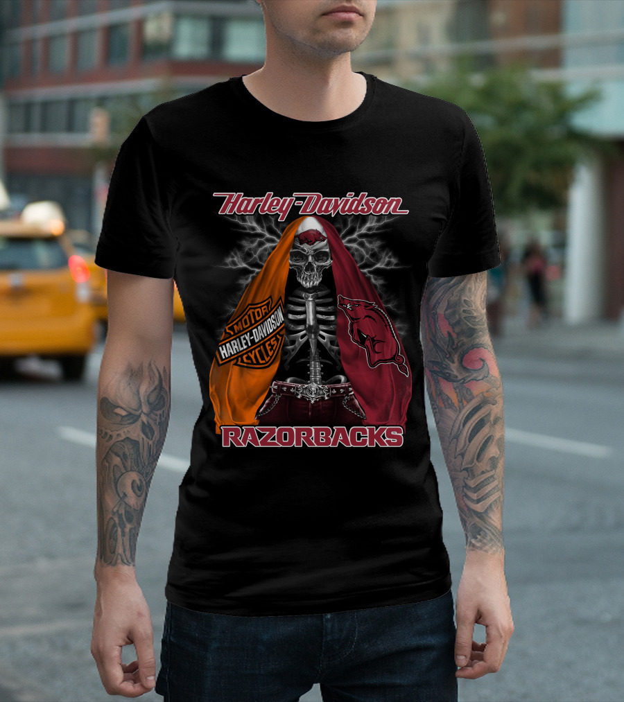 Harley Davidson Razorbacks Motorcycle Skeleton Lightning T-Shirt