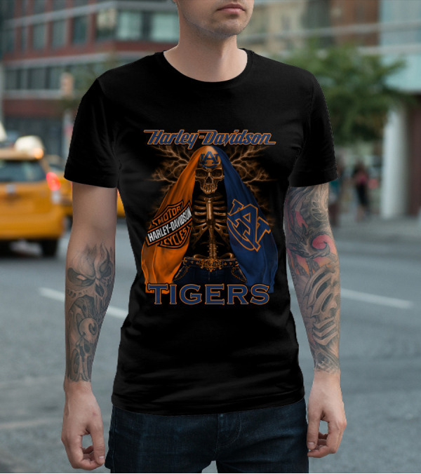 Harley Davidson Auburn Tigers Skeleton Dual Flag T-Shirt