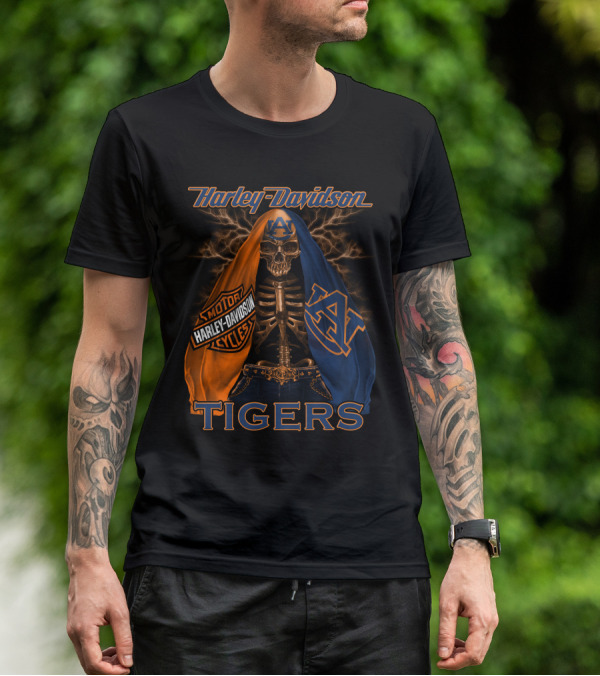 Harley Davidson Auburn Tigers Skeleton Dual Flag T-Shirt