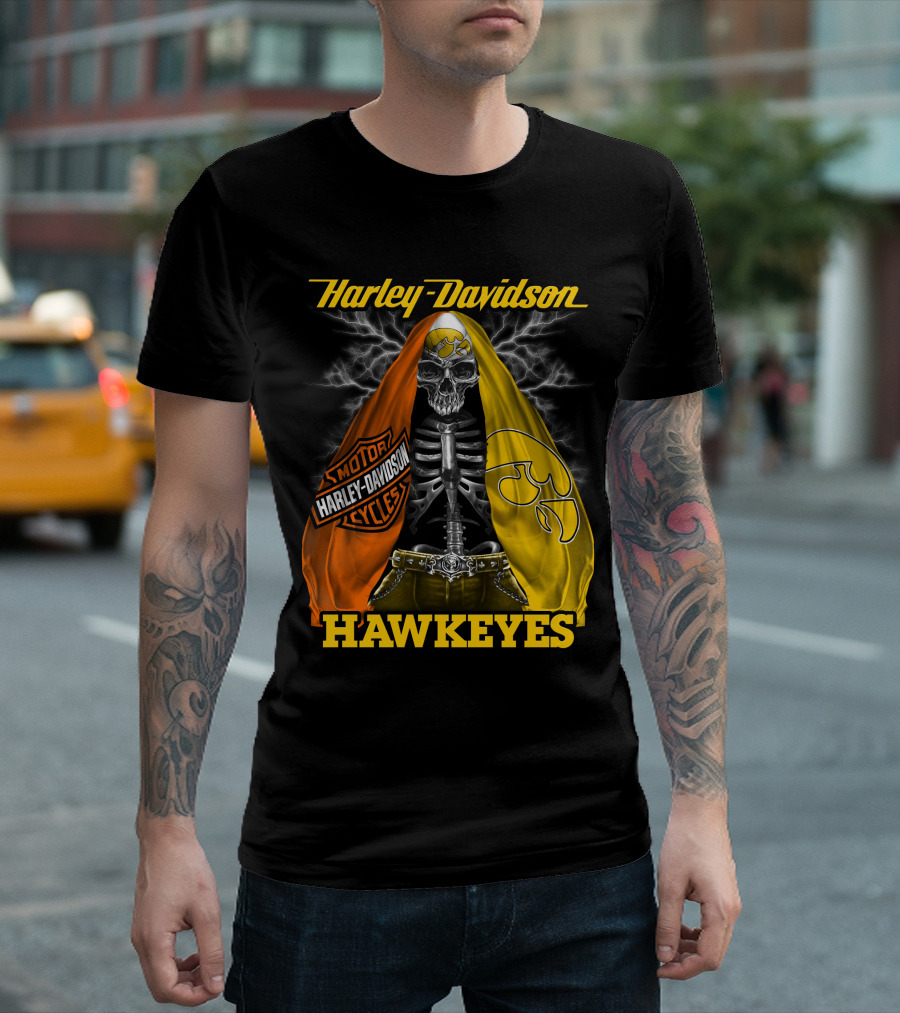 Harley Davidson Iowa Hawkeyes Skull Skeleton With Orange Yellow Flags And Hawkeyes T-Shirt